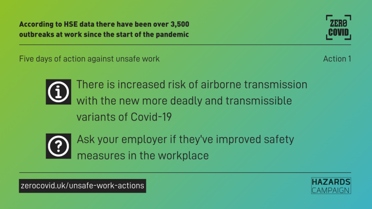A graphics saying: There is increased risk of airborne transmission with the new more deadly and transmissible variants of Covid-19. Ask your employer if they've improved safety measures in the workplace.