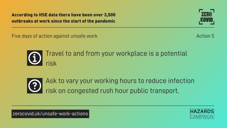 A graphic saying: Travel to and from your workplace is a potential risk. Ask to vary your working hours to reduce infection risk on congested rush hour public transport.