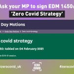 An image with the details of Early Day Motion 1450 in support of Zero Covid