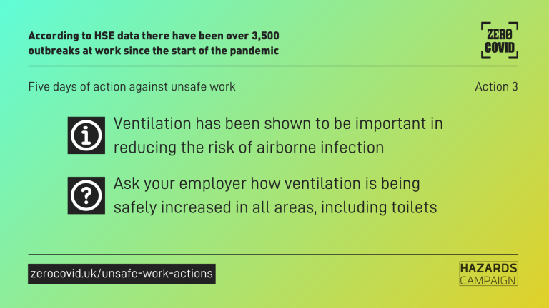 A graphic saying: Ventilation has been shown to be important in reducing the risk of airborne infection. Ask your employer how ventilation is being safely increased in all areas, including toilets.