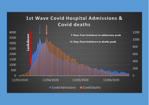A chart showing first wave Covid hospital admissions and Covid deaths
