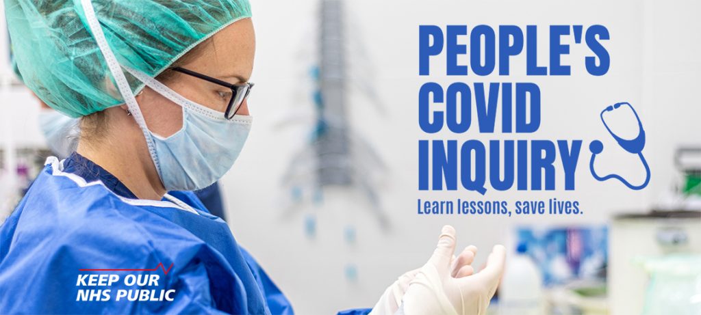 A graphic advertising the People's Covid Inquiry, featuring a picture of a nurse wearing scrubs and protective equipment